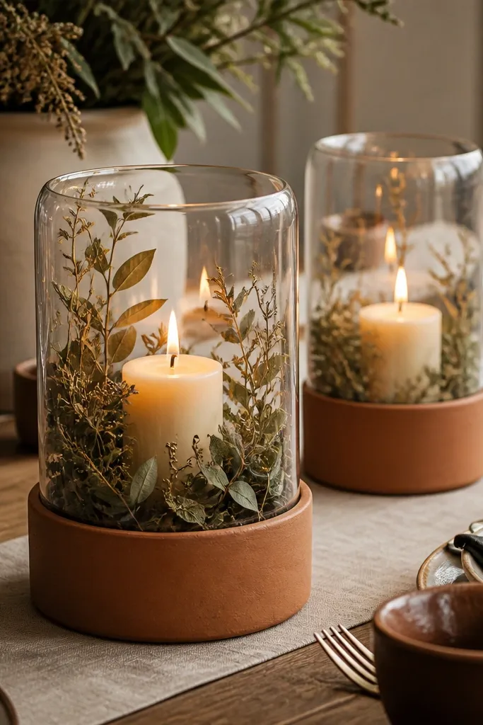 Small terracotta lanterns with cream candles and dried greenery inside