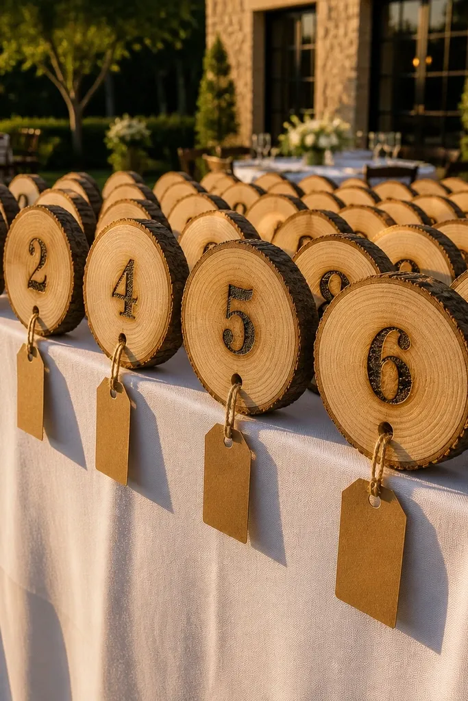Round wood slices arranged in rows with small table numbers and name tags