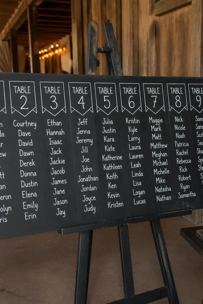 Black chalkboard sign with white table tabs and name rows