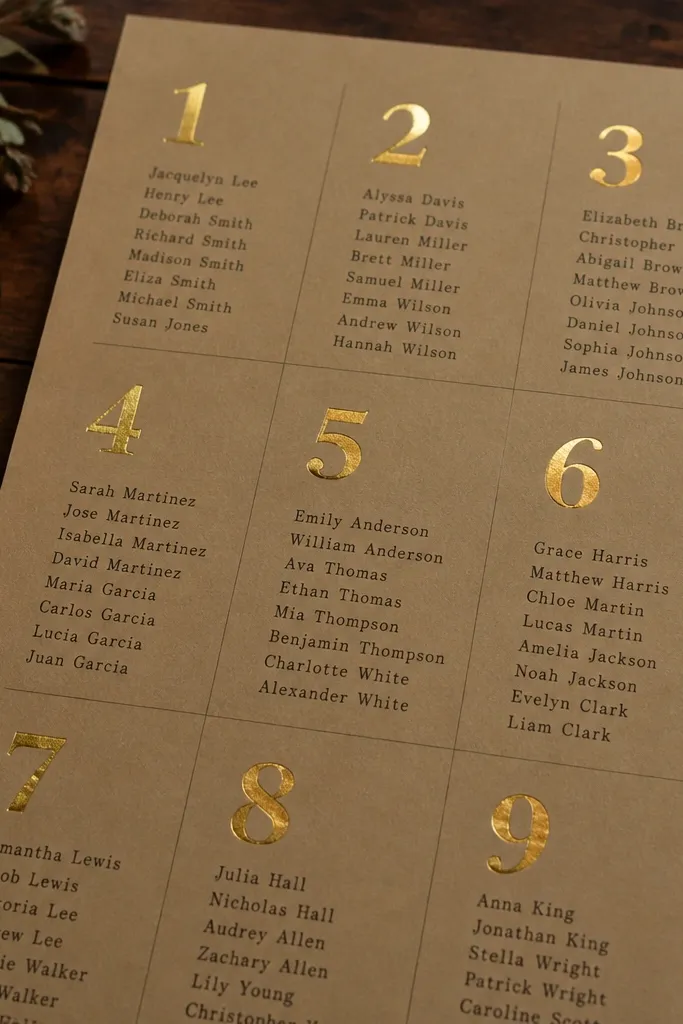 Kraft paper grid with gold foil table numbers and typed name lists