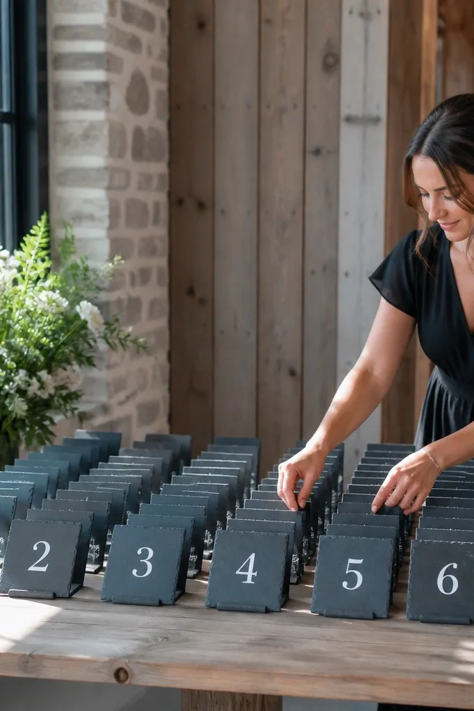 Small slate tiles in rows with numbered labels and mini name cards