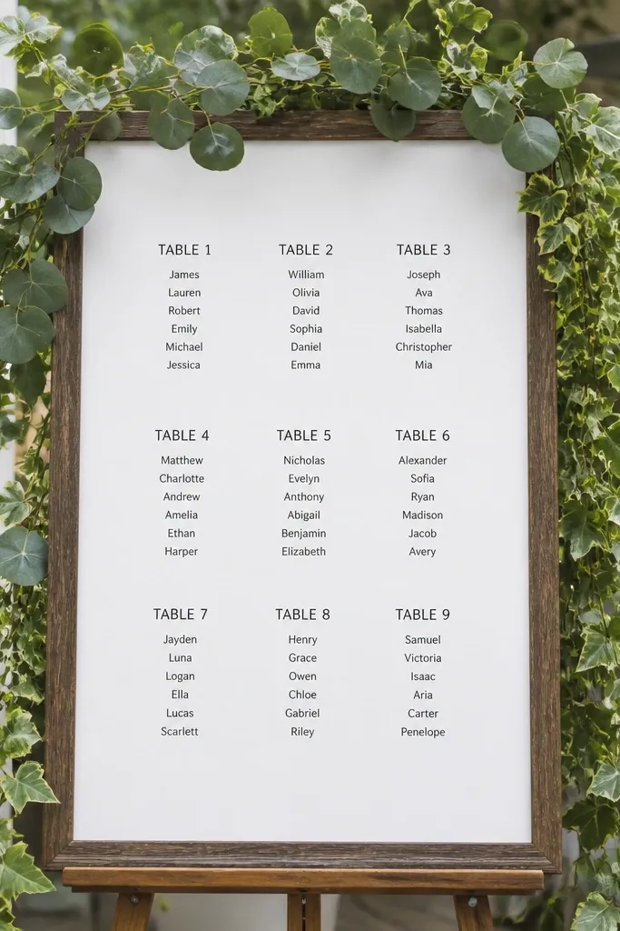 White board framed with greenery vines and a centered table number layout