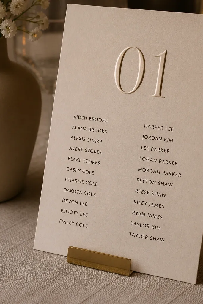 Linen-textured paper seating chart with embossed table numbers and typed names