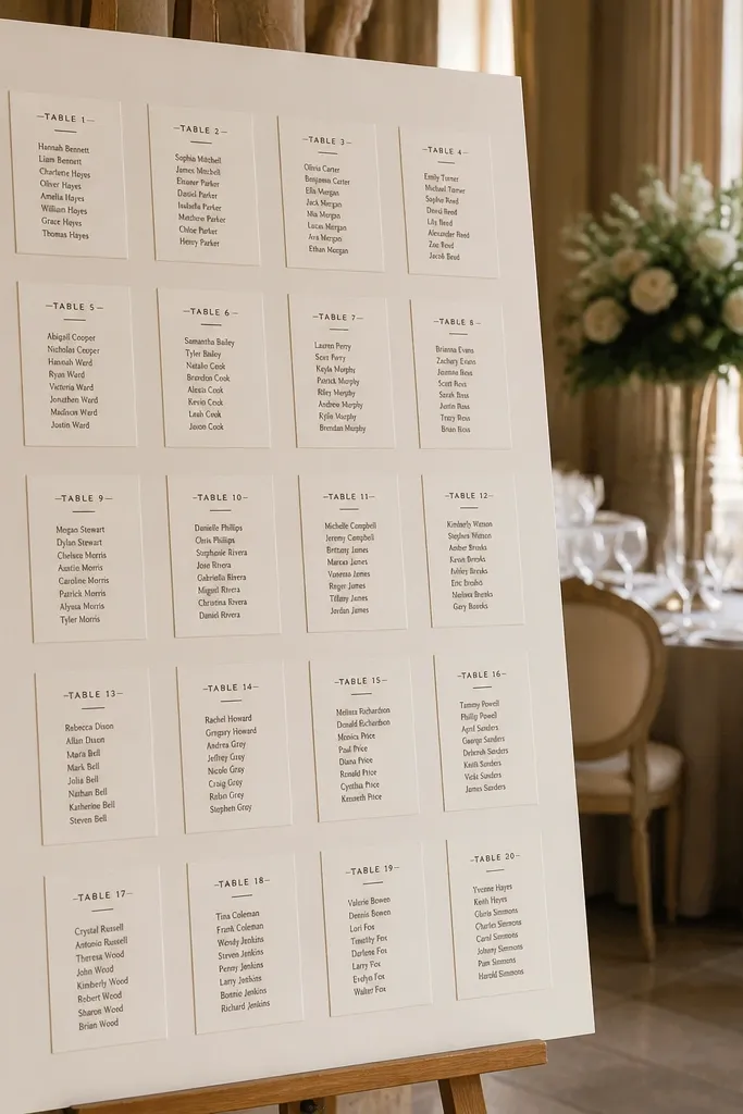 Museum-style labels with black text on cream cards and small table number headings
