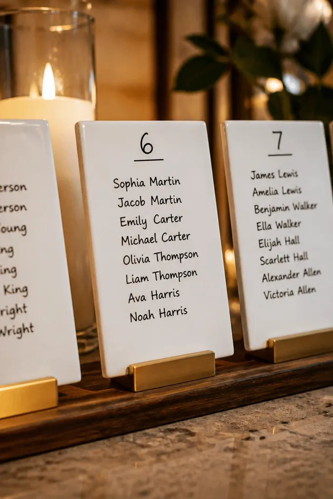 White tiles labeled with table numbers and name rows in chalk marker