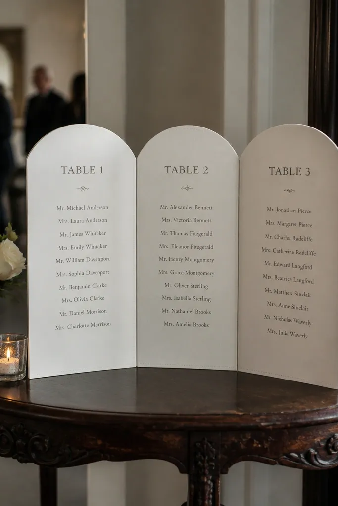 Fold-out seating chart on cardstock standing upright with table panels
