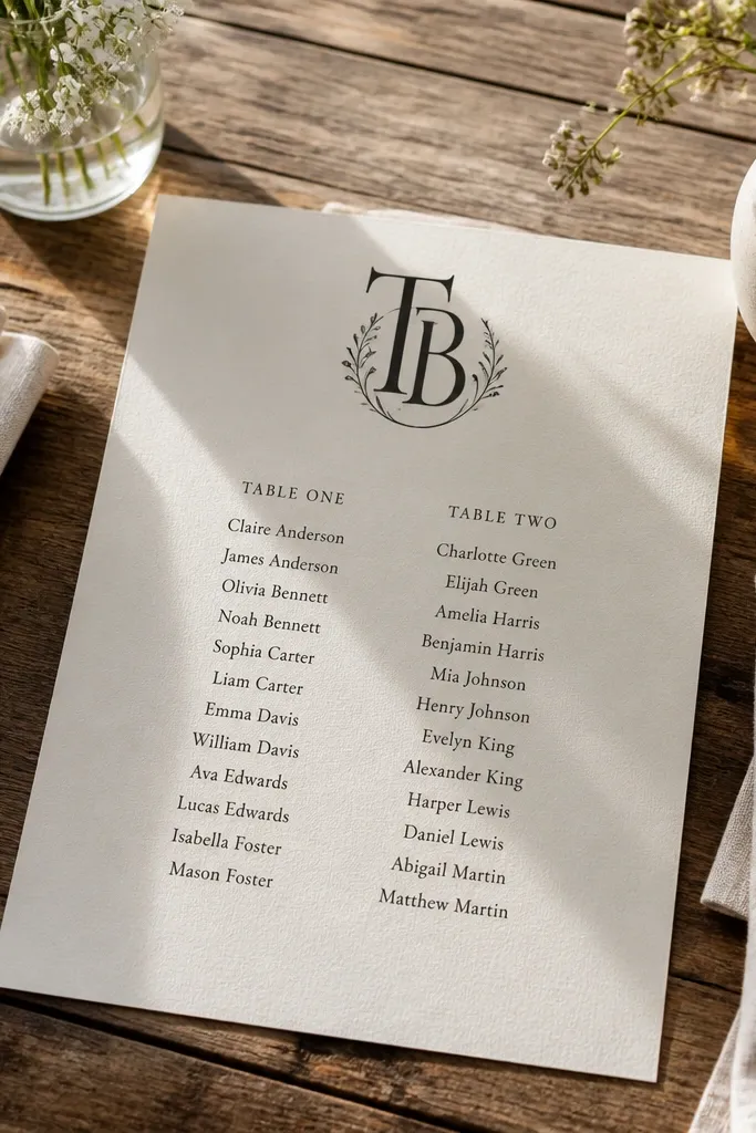 Monogram header on top with two-column seating chart of table numbers and names