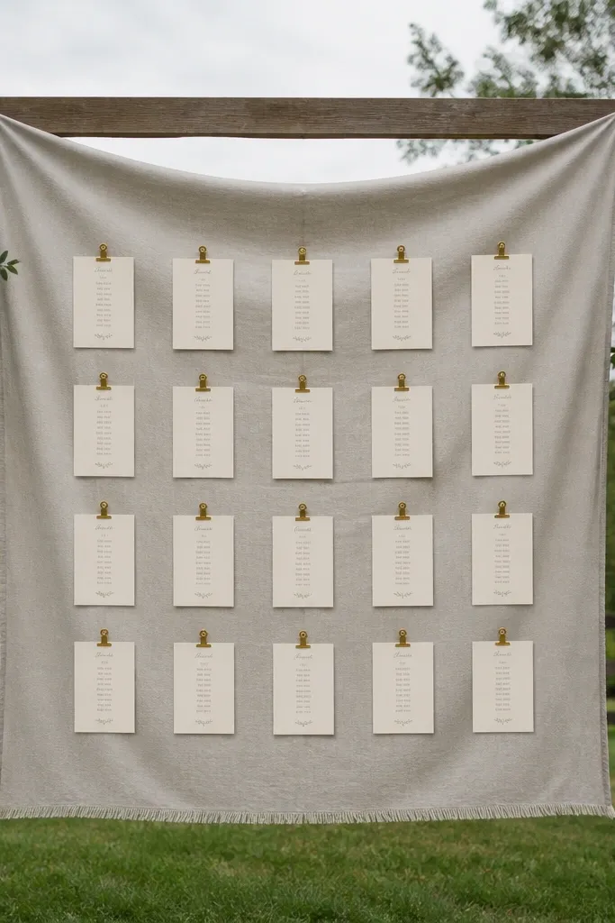 Beige fabric banner with clip-on card slots showing table numbers and names