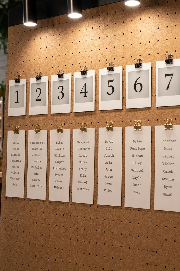 Pegboard with pinned polaroid-style cards labeled with table numbers and names