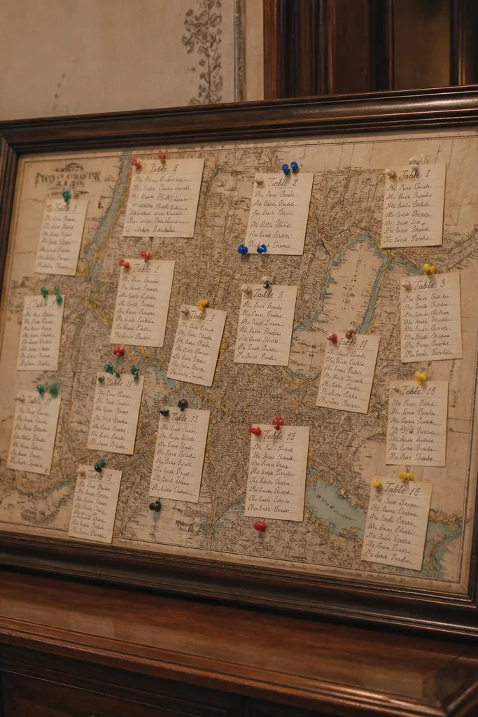 Vintage map background in a frame with colored pins and table number labels