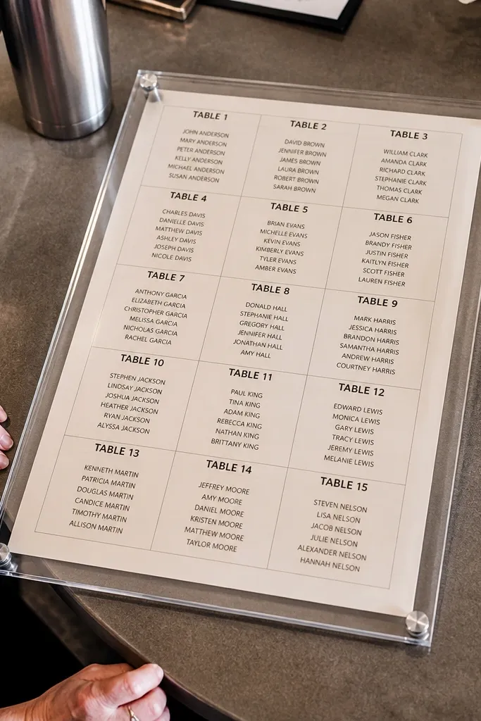 One-page seating grid protected by a clear acrylic cover on an easel