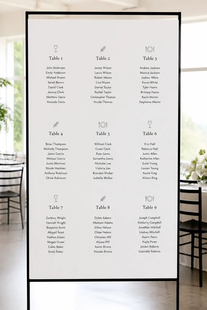 White chart with black line-art icons and clean table number blocks
