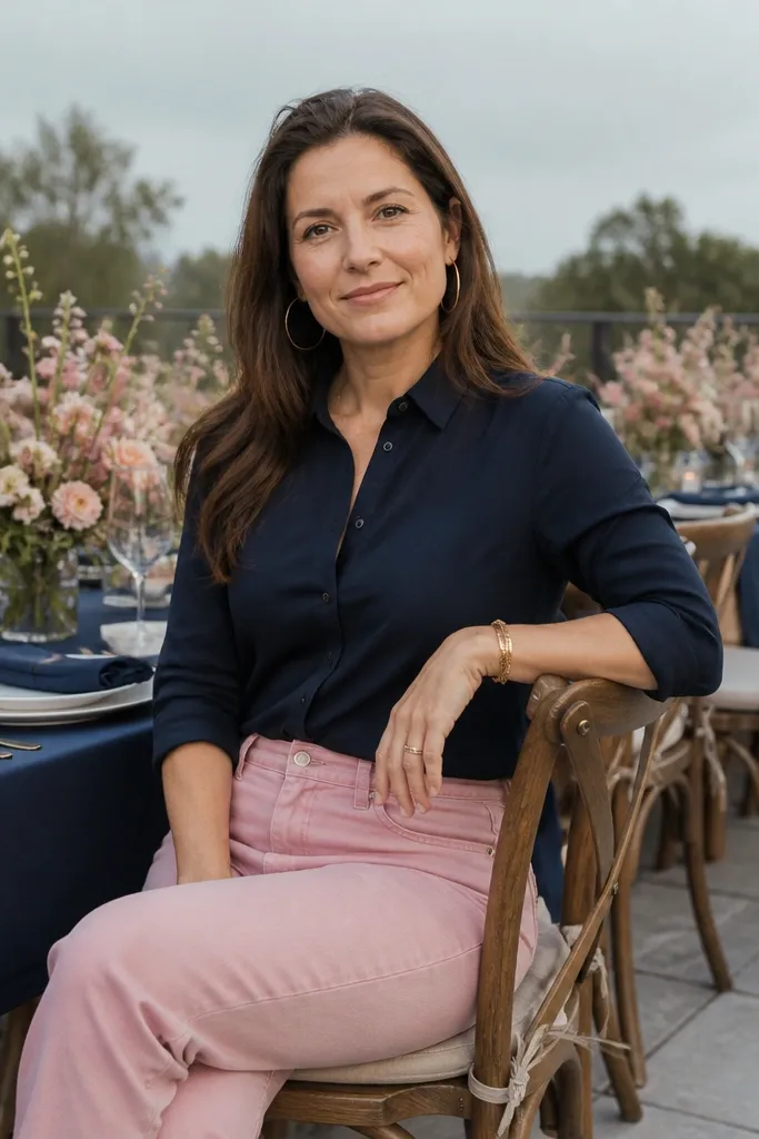 Navy blazer with powder pink top and blush denim skirt