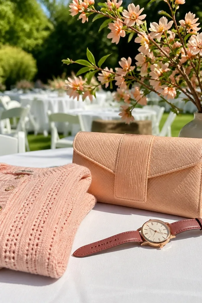 Peach wrap dress with soft pink clutch and cocoa rose heels