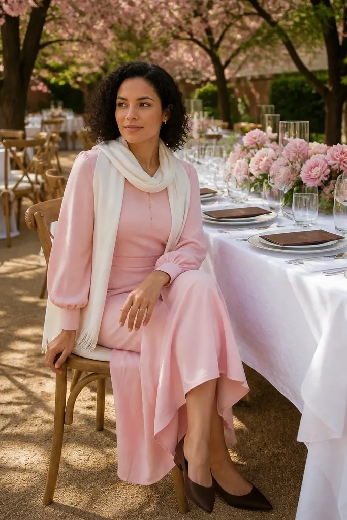Cherry blossom pink blouse with soft white skirt and espresso flats
