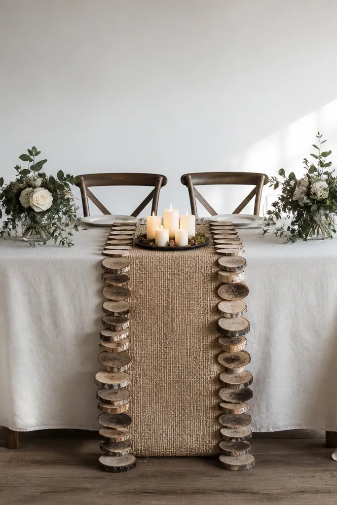 Tan burlap runner with small round wood slices along the table edge