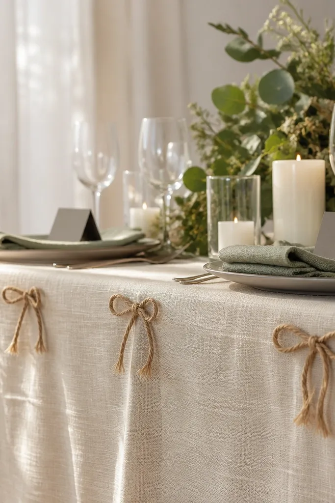 Cream linen tablecloth with small jute twine bows tied along the table corners