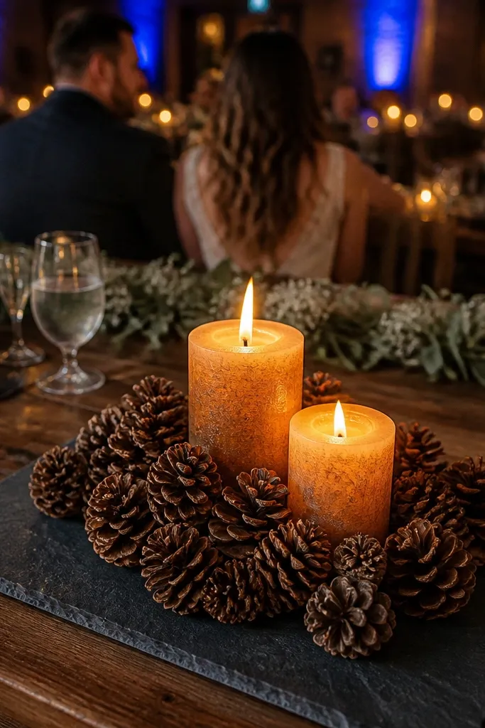 Slate tray with pinecones and three pillar candles in warm amber tones