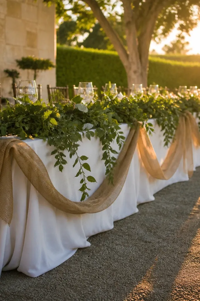 Evergreen garland across the sweetheart table with short burlap ribbon streamers