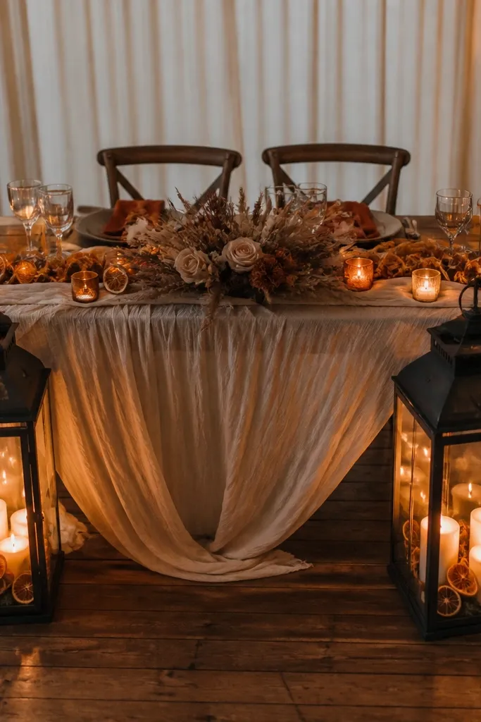 Two metal lanterns with warm lights and dried orange slice accents on a table