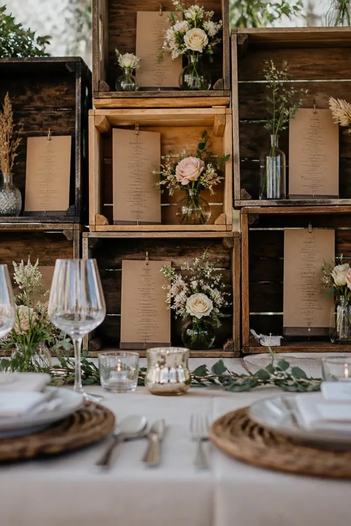 Small wooden crates behind place settings with a menu card and dried florals