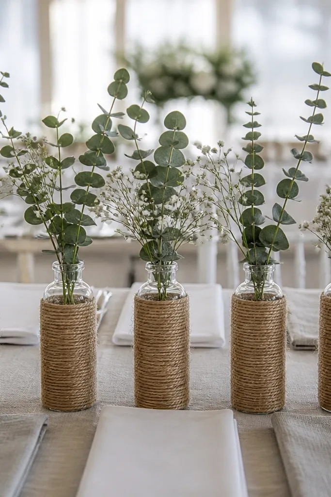 Small bud vases wrapped with thick twine lined up across the sweetheart table