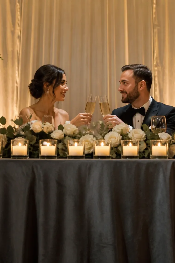 Low candle cluster with small height markers around a sweetheart table centerpiece