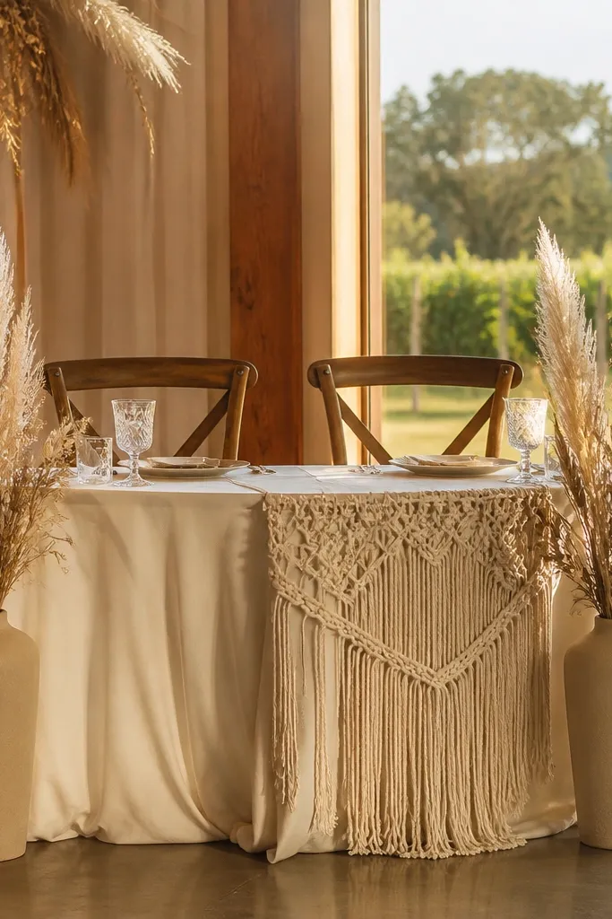 Neutral macramé piece at table corner with dried stems in small vases
