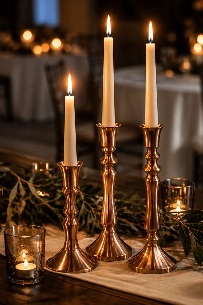 Copper candlesticks with smoky gray votives arranged in a trio on a runner