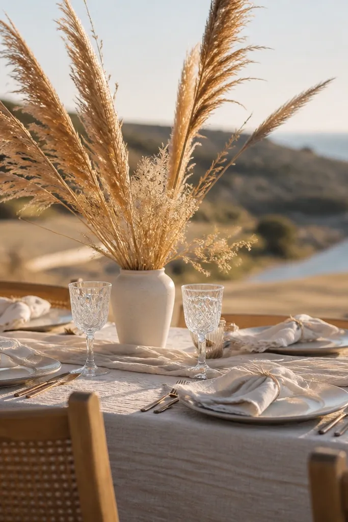 Tall dried pampas grass in a vase with linen napkins wrapped in twine