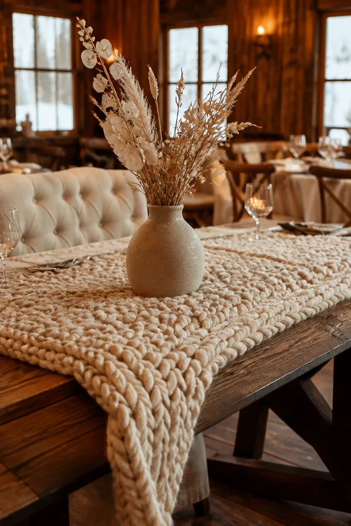 Chunky knit runner in oatmeal with a small vase of neutral blooms in the middle