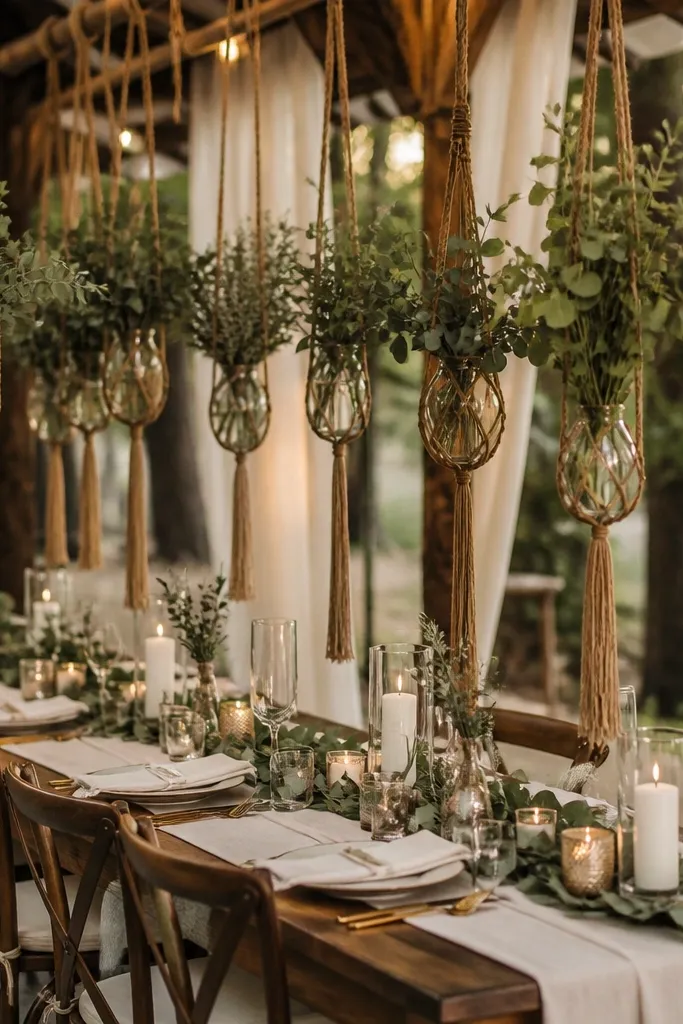 Macramé hanging vases with a single stem color over the sweetheart table