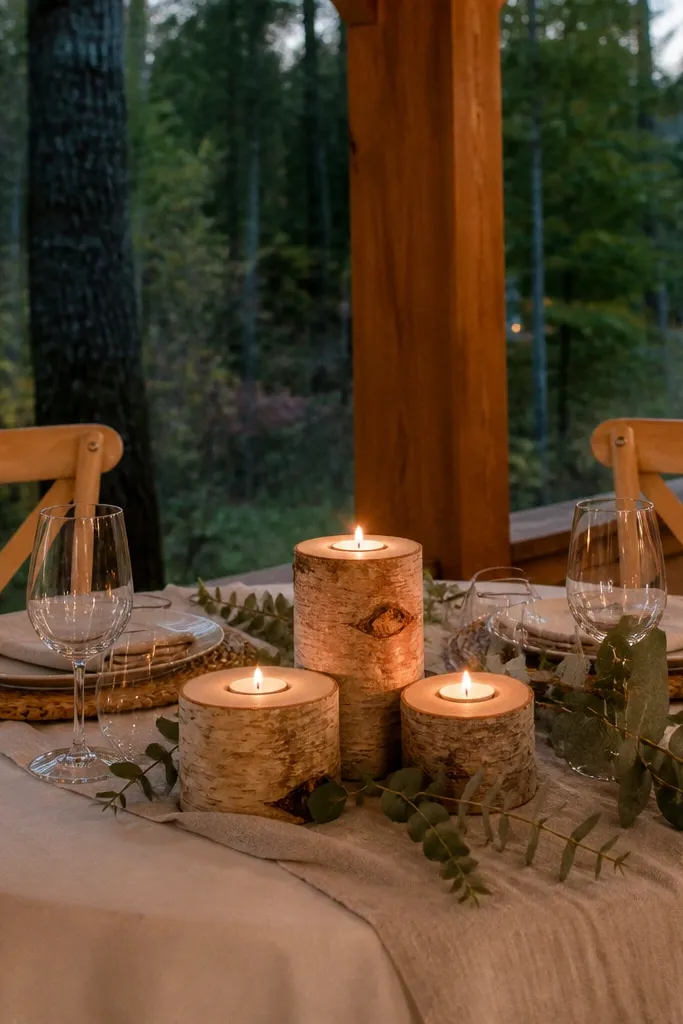 Birch log pieces used as risers with tealights placed on top