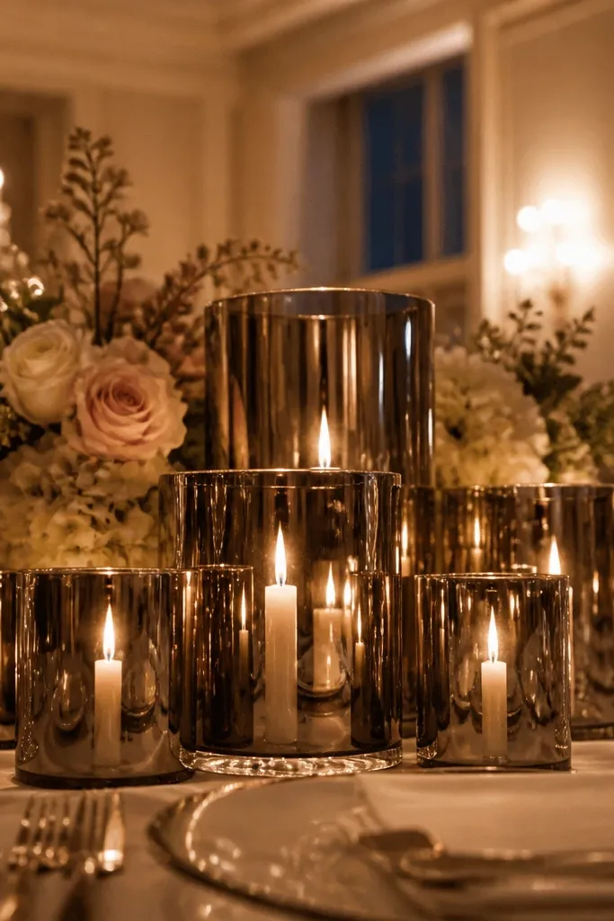 Silver mirrored votive holders with white taper candles on a wedding table