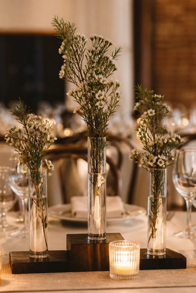 Small bud vases with greenery arranged on a metal tray in staggered heights