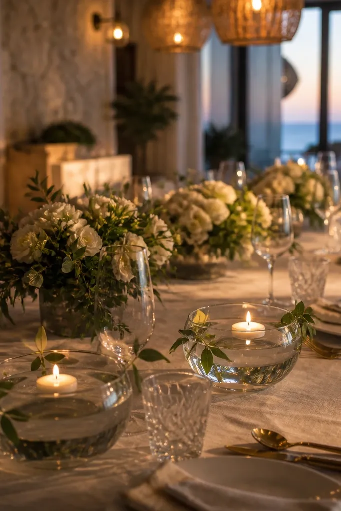 Low glass bowls with floating candles and a few greenery tips along the rim