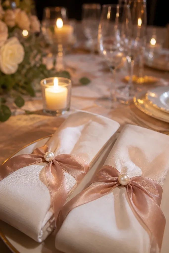 Folded napkins tied with pale silk ribbon and a small pearl pin