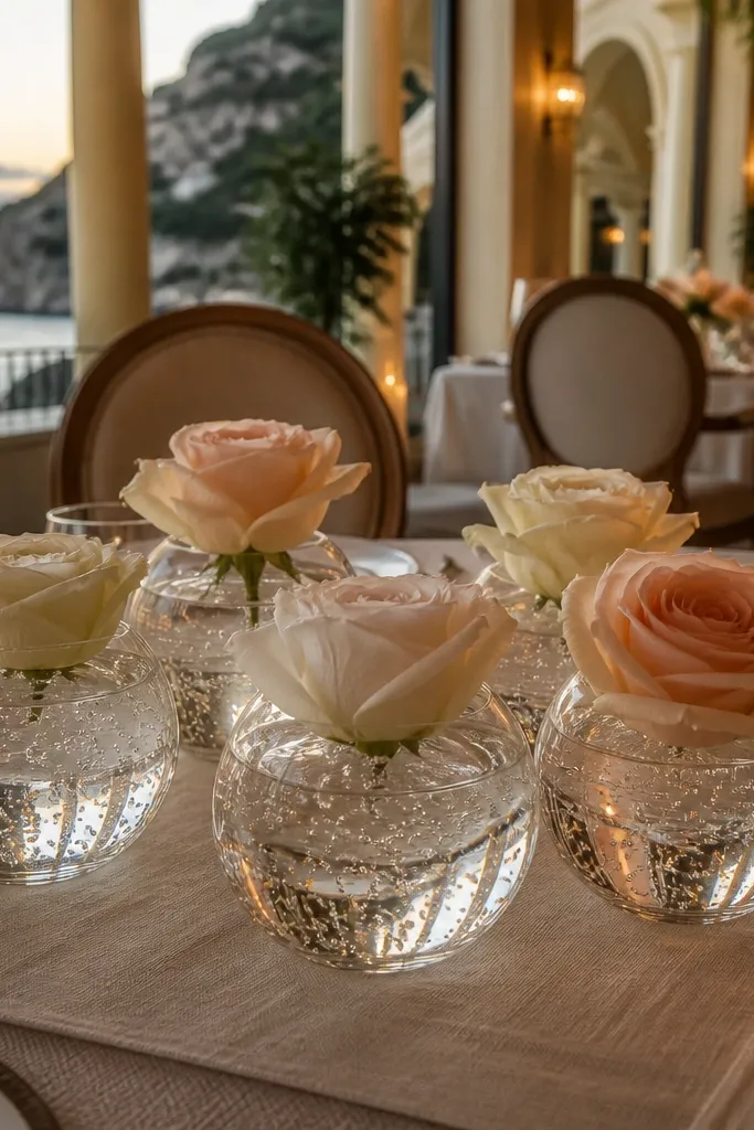 Clear bud vases with rose heads floating on water and tiny leaves