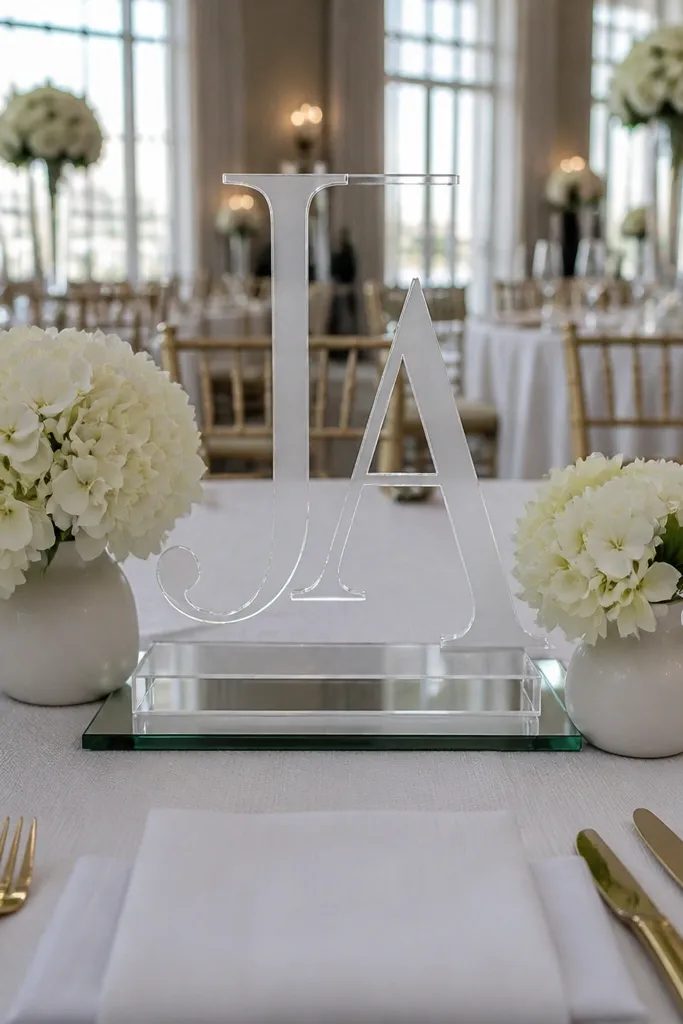 Clear acrylic monogram centerpiece with small flowers and candles on a table
