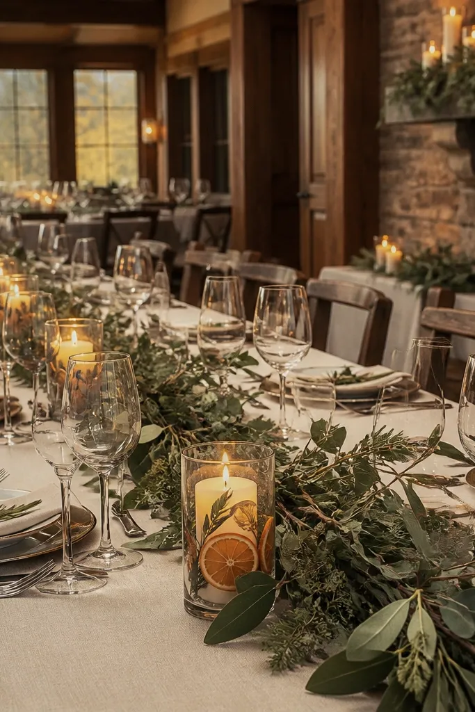 Slim votive candles with dried orange slices and sage sprigs on a wedding table