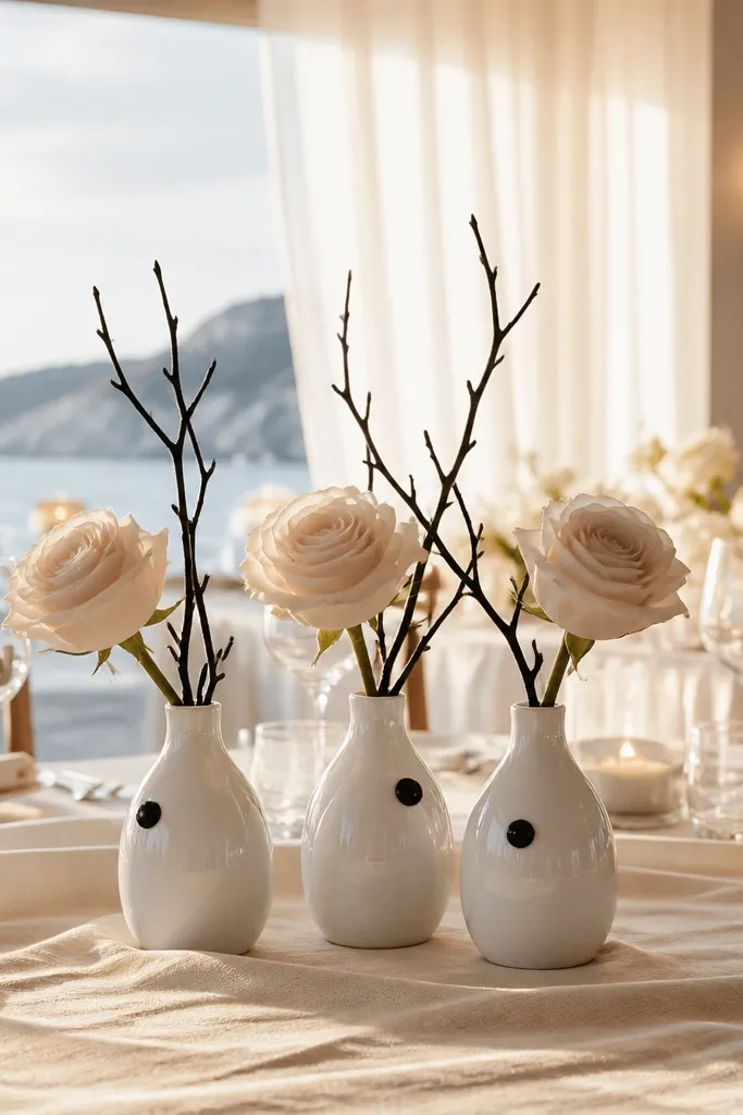 White ceramic bud vases with greenery and tiny black stems on a wedding table