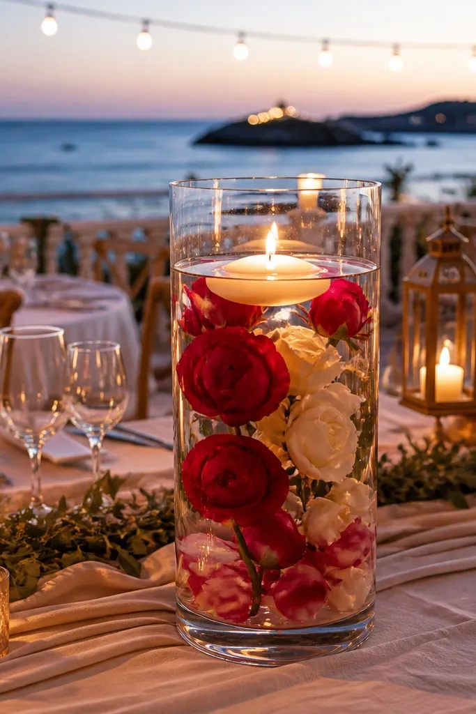 Glass jar with faux flowers and one floating candle inside on a wedding table