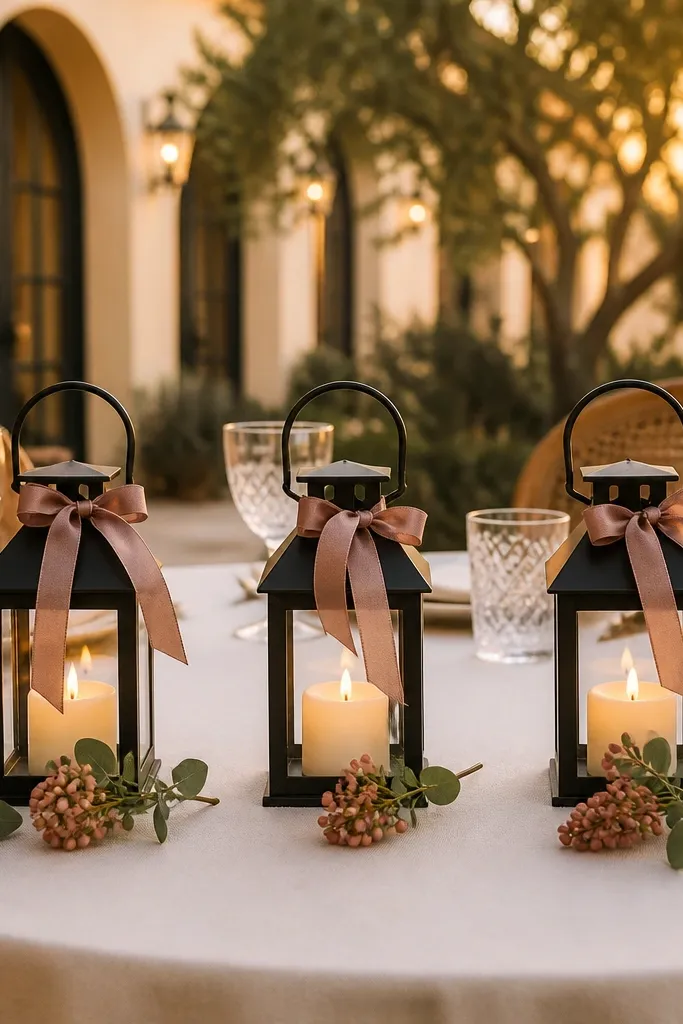 Small lanterns with battery candles on a wedding table with neutral greenery