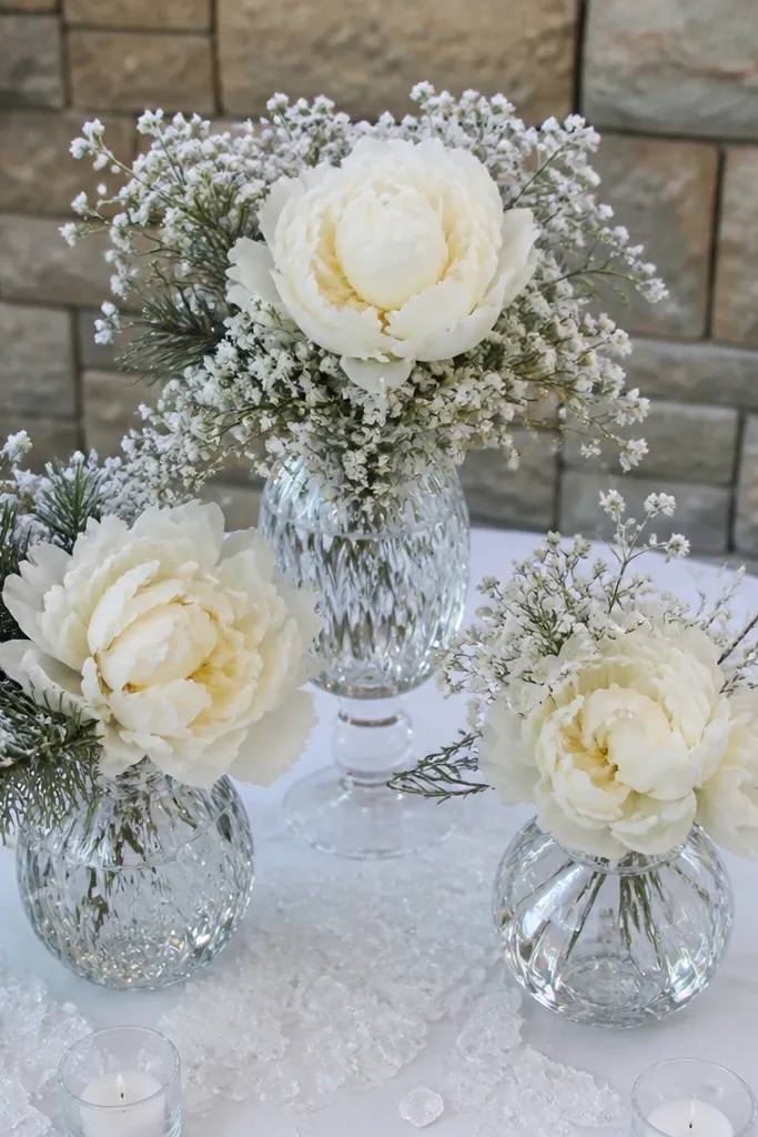 Clear bud vases with pale white blooms on a white tablecloth