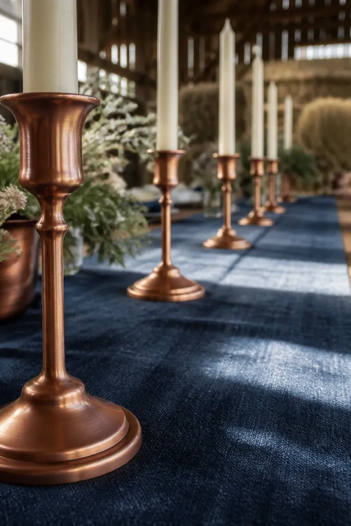 Dark denim table runner with copper candleholders and neutral place settings