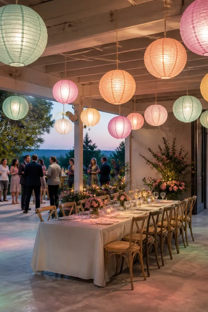 Pastel paper lanterns in pink, mint, and lavender hanging over a reception space