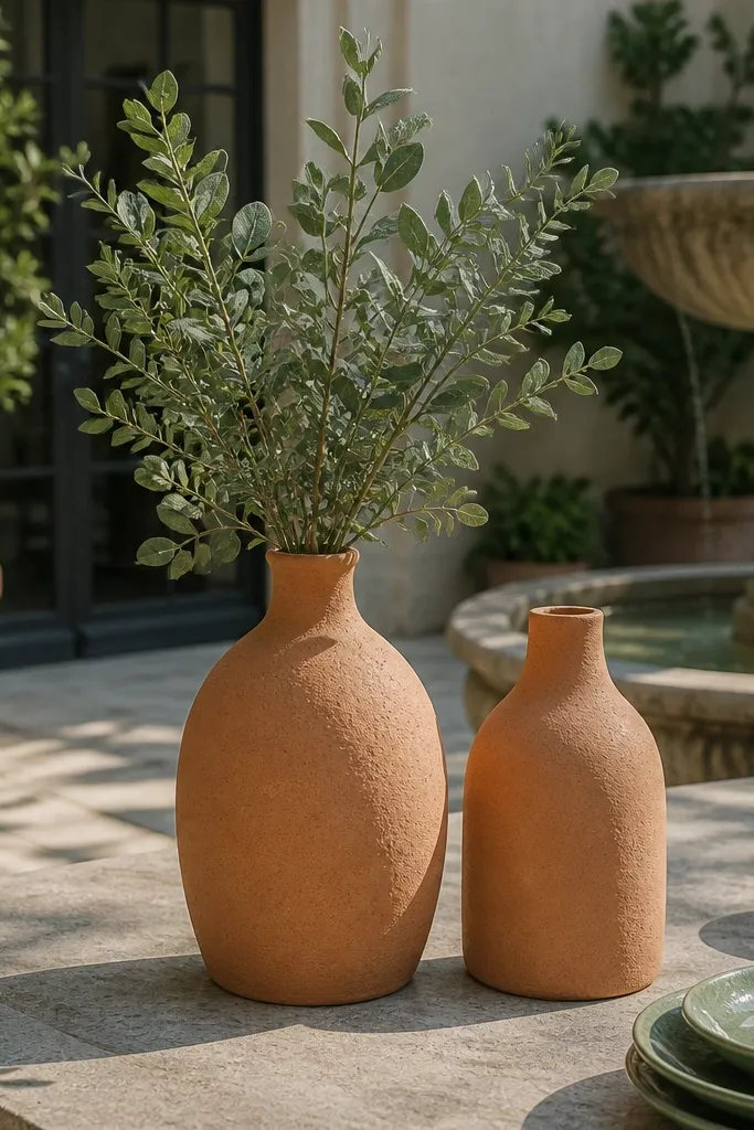 Terracotta clay vases with sage greenery on a neutral table runner