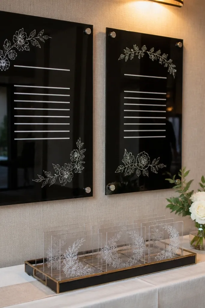 Black acrylic welcome sign with crisp white vinyl lettering and small arrows