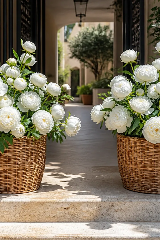 Rattan baskets filled with white faux blooms and greenery near a doorway