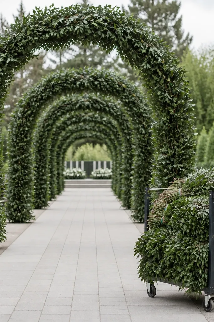 Greenery arch frames along a wedding aisle with candles on the sides